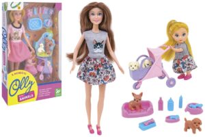 MUÑECA CON MINI MUÑECA Y 4 PERROS