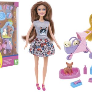 MUÑECA CON MINI MUÑECA Y 4 PERROS