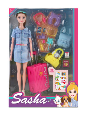 MUÑECA VIAJERA 30cm CON ACCESORIOS Y PEGATINAS