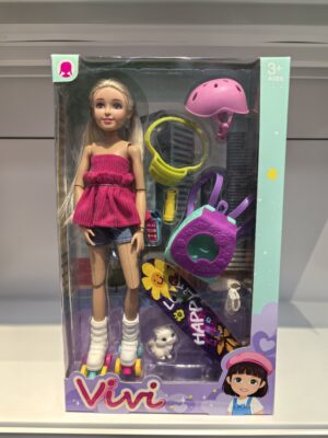 MUÑECA PATINADORA CON GATO Y MOCHILA 23cm